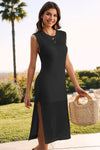 Explore More Collection - Slit Round Neck Sleeveless Sweater Dress