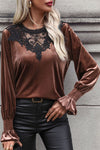 Explore More Collection - Lace Detail Round Neck Smocked Flounce Sleeve Blouse