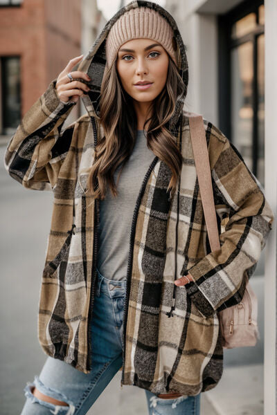 Explore More Collection - Plaid Zip Up Drawstring Hooded Jacket