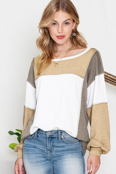 Explore More Collection - Color Block Exposed Seam Boat Neck Sweatshirt