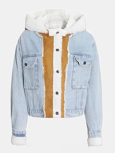 Explore More Collection - Contrast Raw Hem Hooded Denim Jacket