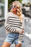Explore More Collection - Striped Round Neck Drop Shoulder Slit Sweater