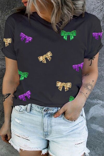 Explore More Collection - Plus Size Sequin Bow Print Short Sleeve T-Shirt