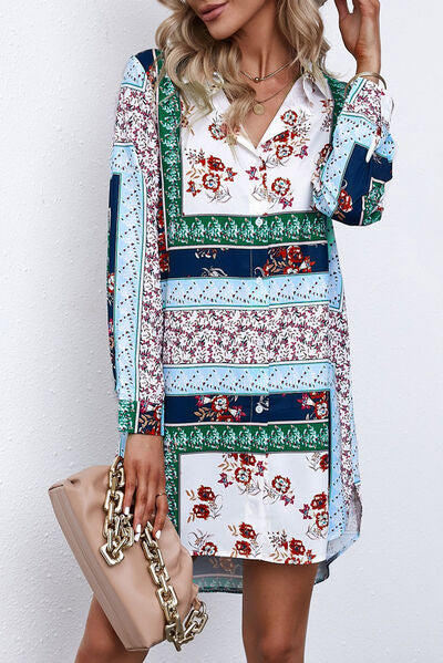 Explore More Collection - Printed Button Up Long Sleeve Shirt Dress