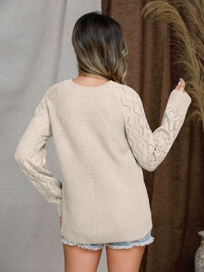 Explore More Collection - Openwork Round Neck Raglan Sleeve Sweater