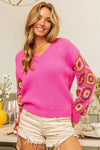 Explore More Collection - BiBi V-Neck Crochet Long Sleeve Sweater