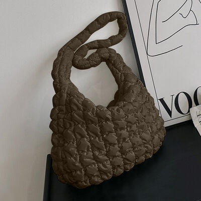 Explore More Collection - Quilted Pleated Plaid Shoulder Bag with Zipper