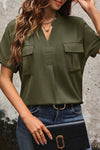 Explore More Collection - Pocketed Notched Short Sleeve Blouse