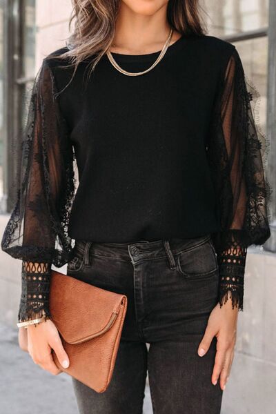 Explore More Collection - Lace Detail Mesh Lantern Sleeve Blouse