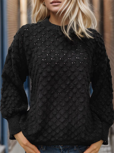 Explore More Collection - Openwork Round Neck Long Sleeve Sweater