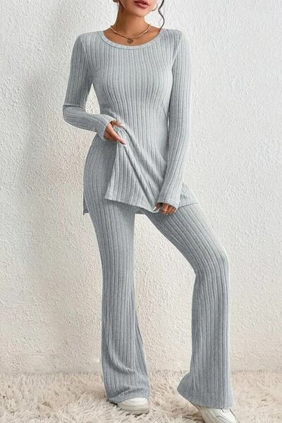 Explore More Collection - Ribbed Long Sleeve Slit Top and Bootcut Pants Set