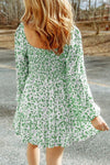 Explore More Collection - Smocked Floral Square Neck Balloon Sleeve Dress