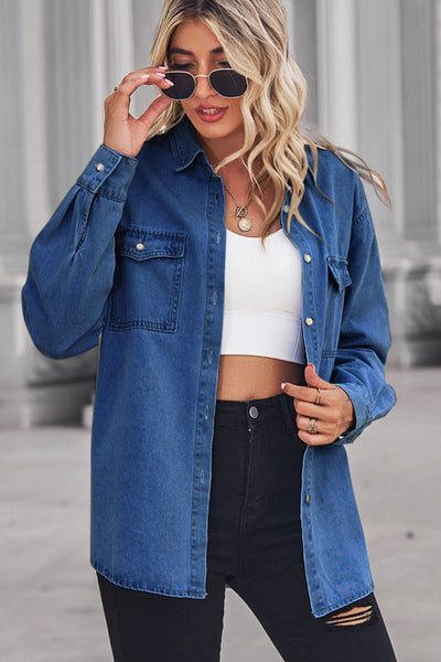 Explore More Collection - Collared Neck Dropped Shoulder Denim Top