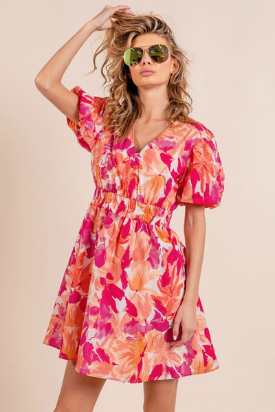 Explore More Collection - BiBi Floral V-Neck Puff Sleeve Mini Dress