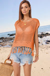 Explore More Collection - Openwork Cap Sleeve Knit Cover Up with Tassel