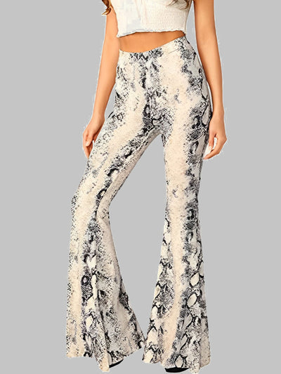 Explore More Collection - Snakeskin Print High Waist Flare Pants