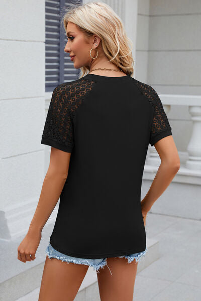 Explore More Collection - Openwork Round Neck Short Sleeve T-Shirt