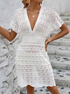 Explore More Collection - Openwork Plunge Short Sleeve Cover-Up Dress