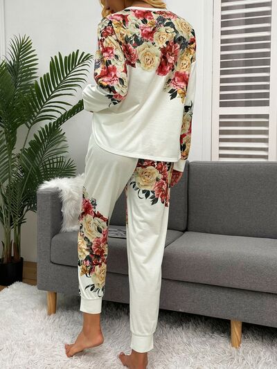 Explore More Collection - Printed Round Neck Top and Drawstring Pants Lounge Set