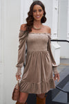 Explore More Collection - Off-Shoulder Smocked Ruffle Hem Dress