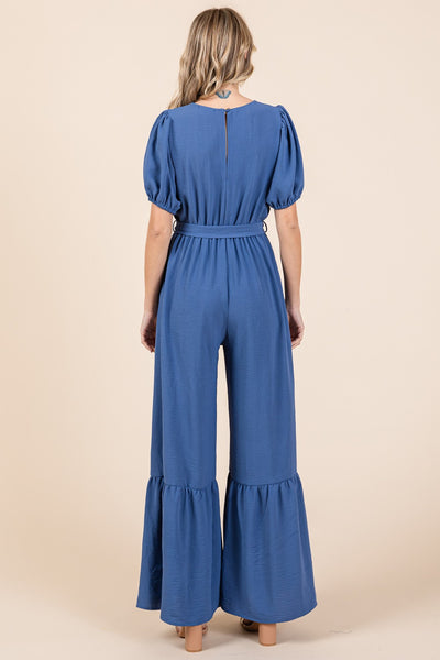 Explore More Collection - GeeGee Full Size V-Neck Belted Wide Leg Jumpsuit