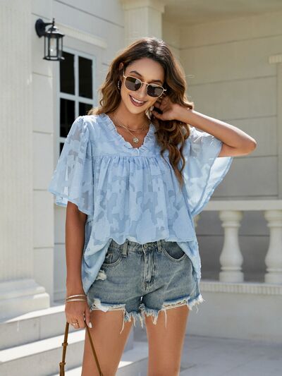 Explore More Collection - Frill V-Neck Half Sleeve Blouse