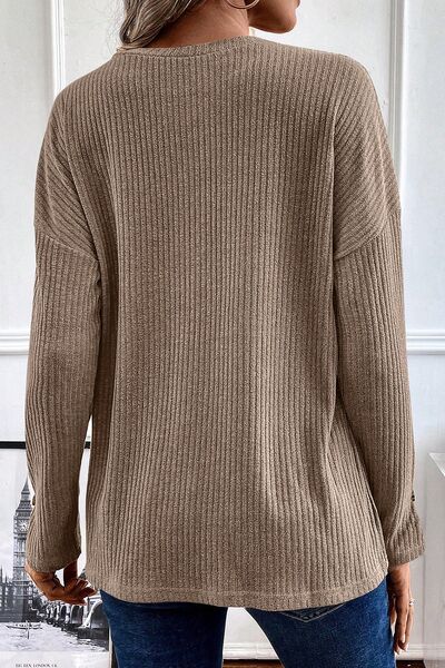 Explore More Collection - Ribbed Half Button Long Sleeve Knit Top