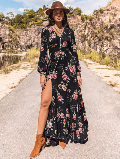 Explore More Collection - Floral V-Neck Split Maxi Dress