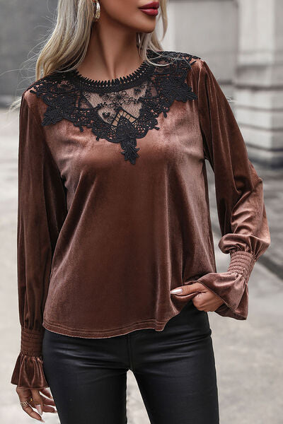 Explore More Collection - Lace Detail Round Neck Smocked Flounce Sleeve Blouse