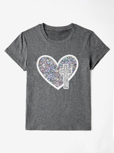 Explore More Collection - Sequin Heart Round Neck Short Sleeve T-Shirt