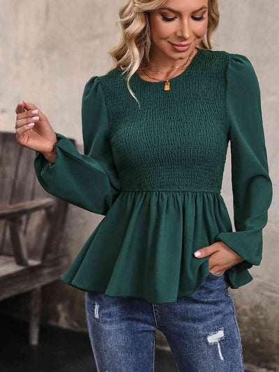 Explore More Collection - Round Neck Smocked Balloon Sleeve Top