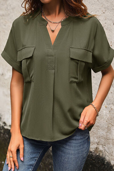 Explore More Collection - Pocketed Notched Short Sleeve Blouse