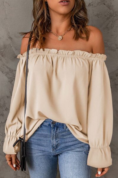 Explore More Collection - Frill Off-Shoulder Flounce Sleeve Blouse