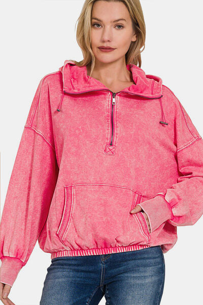 Explore More Collection - Zenana Drawstring Half Zip Dropped Shoulder Hoodie