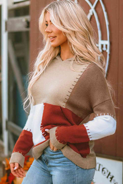 Explore More Collection - Color Block Long Sleeve Hooded Sweater