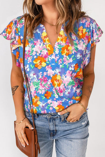 Explore More Collection - Floral Notched Neck Flutter Sleeve Blouse