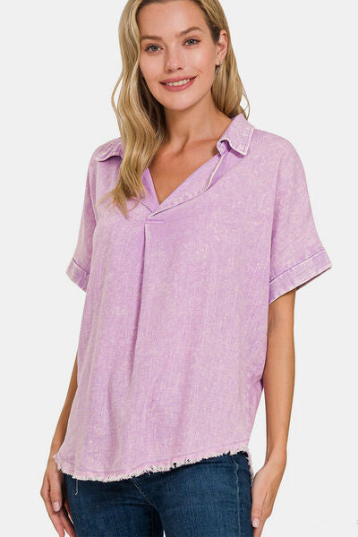 Explore More Collection - Zenana Washed Linen Raw Hem V-Neck Shirt