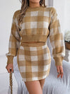 Explore More Collection - Plaid Round Neck Top and Skirt Sweater Set