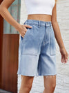 Explore More Collection - Buttoned Raw Hem Denim Shorts with Pockets