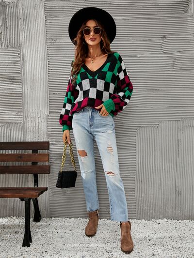 Explore More Collection - Checkered V-Neck Lantern Sleeve Sweater