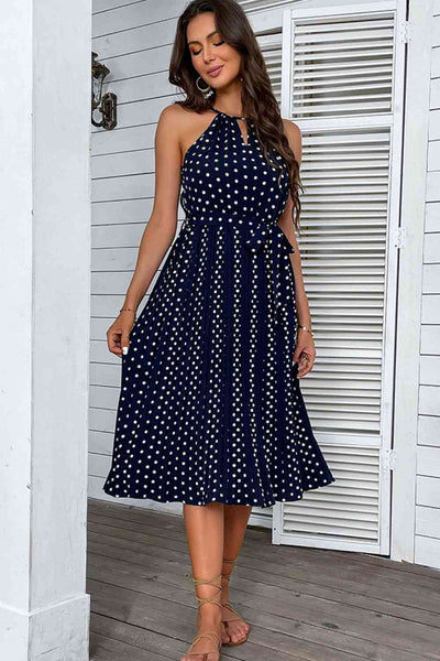 Explore More Collection - Polka Dot Tie-Waist Sleeveless Midi Dress