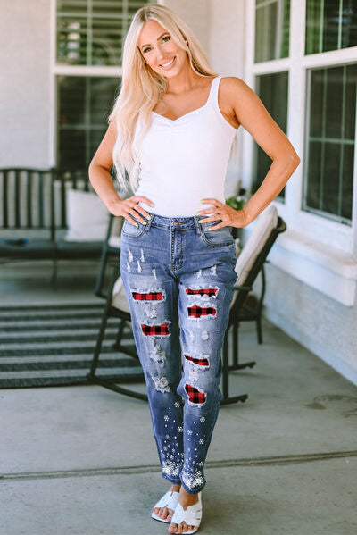 Explore More Collection - Plaid Snow Graphic Distressed Jeans