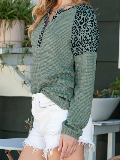 Explore More Collection - Leopard Notched Raglan Sleeve Knit Top