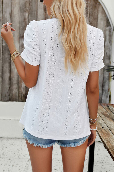 Explore More Collection - Eyelet Square Neck Puff Sleeve T-Shirt