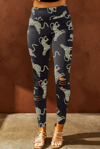 Explore More Collection - Animal Printed Distressed High Waist Leggings
