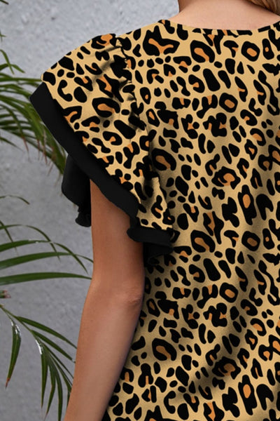 Explore More Collection - Leopard Round Neck Flounce Sleeve Blouse