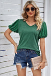 Explore More Collection - Heathered V-Neck Balloon Sleeve T-Shirt