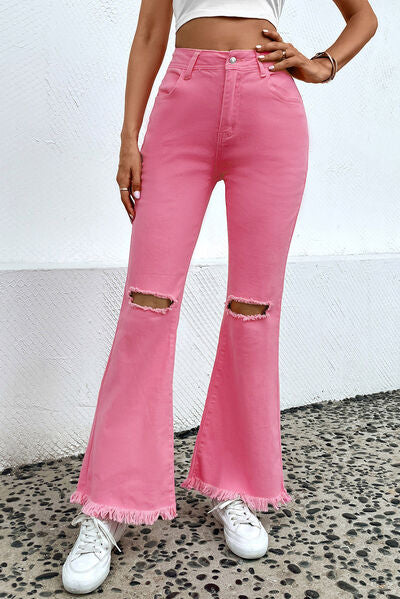Explore More Collection - Distressed Raw Hem Bootcut Jeans