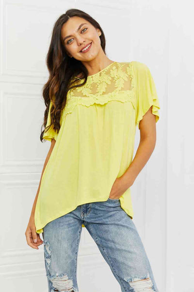 Explore More Collection - Culture Code Ready To Go Full Size Lace Embroidered Top in Yellow Mousse