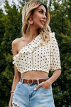 Explore More Collection - Polka Dot One-Shoulder Ruffled Crop Top